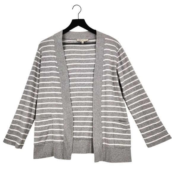 Jones New York Sport Open Cardigan Sweater Small Gray Stripe Roll Tab Sleeve - Picture 1 of 9